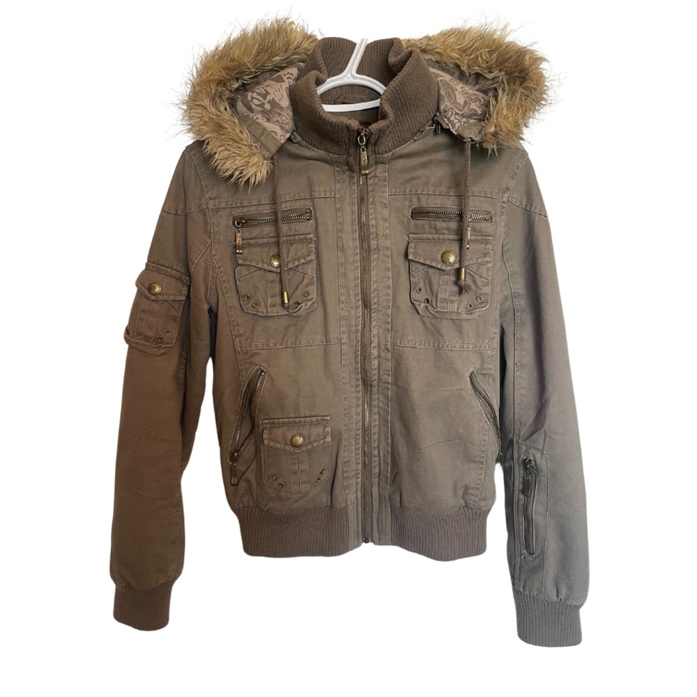 Vintage inspired olive green/grey cropped zip up womens coat size small Faux fur